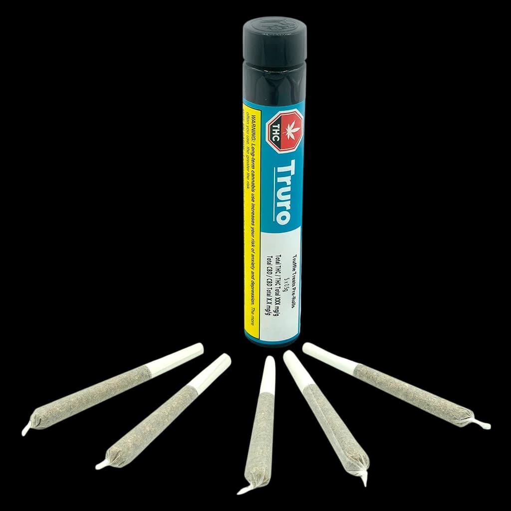 Truro Truffle Treats pre-roll pack with six cannabis pre-rolls arranged below, THC potency label visible