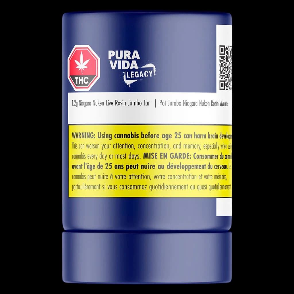 Pura Vida Legacy Niagara Nuken Live Rosin 1.2g Jumbo Jar with red THC badge and Health Canada warning label