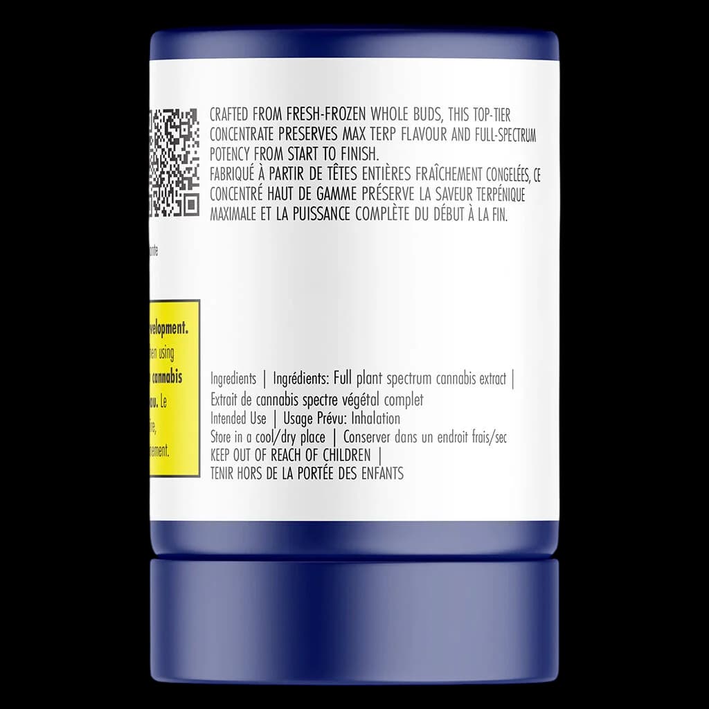 Pura Vida Niagara Nuken Live Rosin in white jar with dark blue lid, showing product information and full-spectrum cannabis extract ingredients