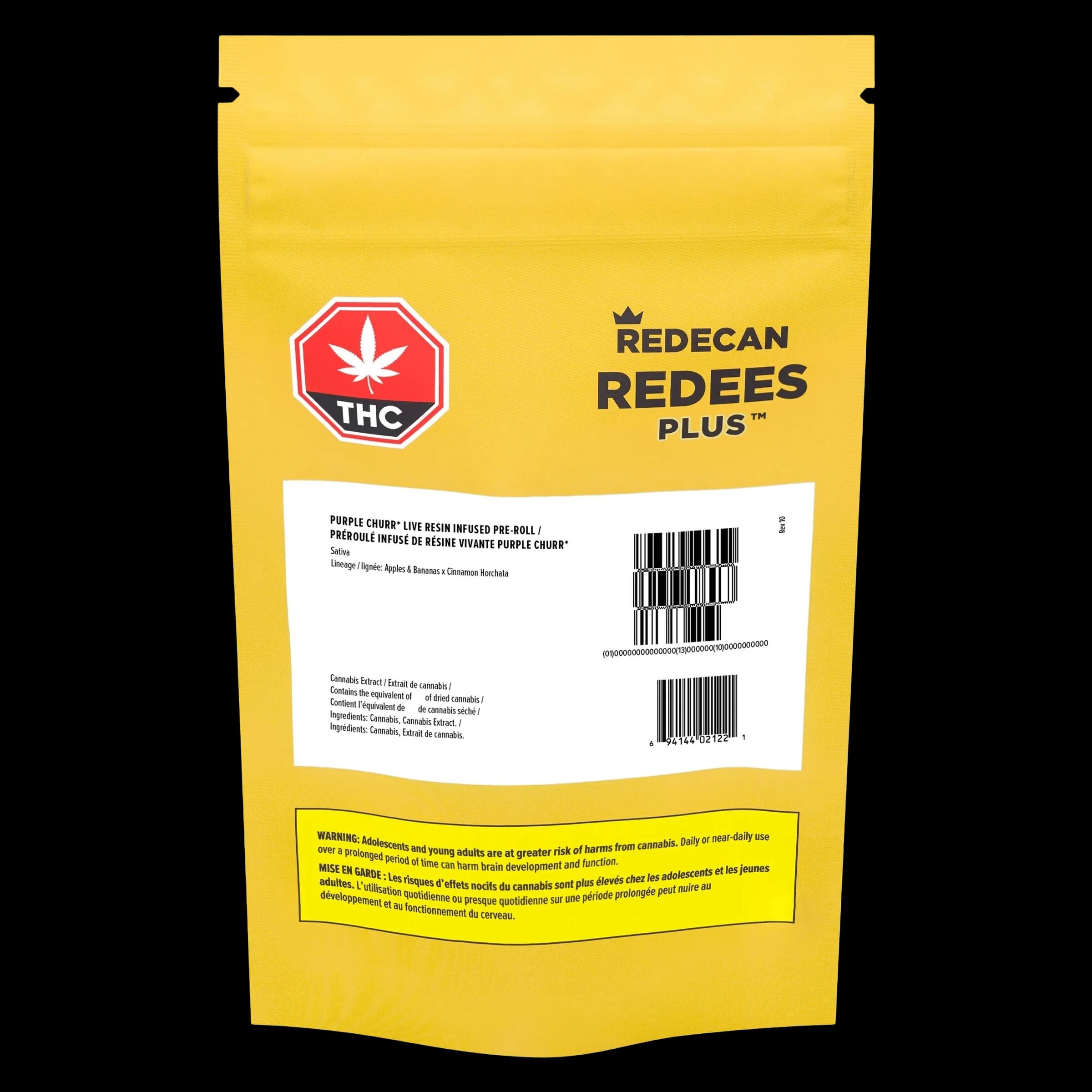 Emballage de pré-roulé infusé à la résine vivante Redees Plus Purple Churr de Redecan avec design de pochette jaune et étiquette d'avertissement THC