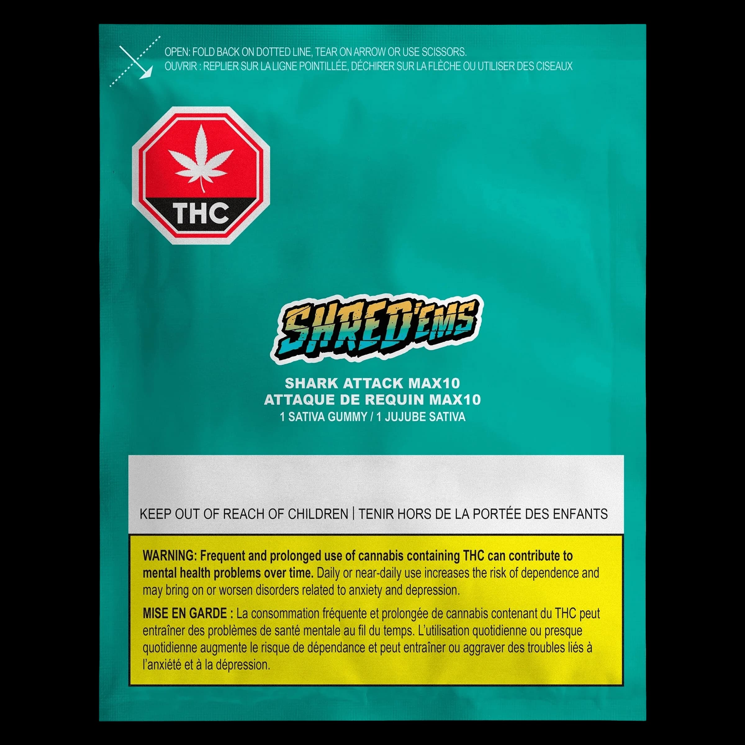 SHRED'ems Shark Attack Max10 cannabis gummy package rear with THC warning symbol, opening instructions, and Health Canada warnings on teal background