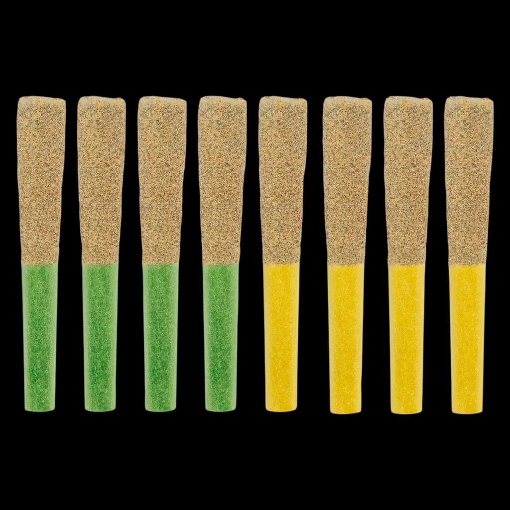 Eight cannabis pre-rolls with cork filters and colored paper wraps in green and yellow