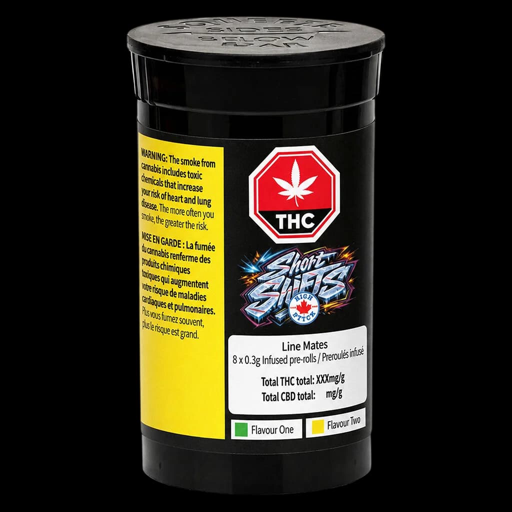 Short Sticks Line Mates infused pre-rolls, 8 x 0.3g pack with yellow Health Canada warning label and red THC symbol on black tube