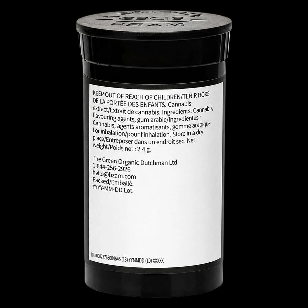 The Green Organic Dutchman cannabis extract 2.4g jar with black cap and white label showing ingredients and safety warnings