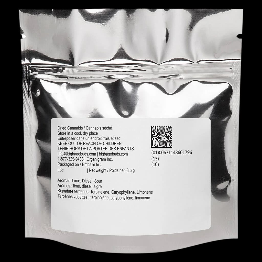 Big Bag O' Buds Ultra Sour 3.5g dried cannabis flower pouch, rear label showing terpene profile and storage instructions