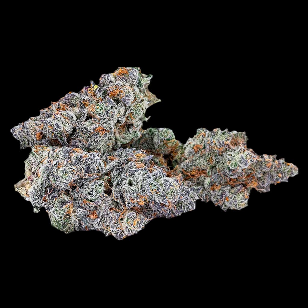 Sixty Seven Sins 67 Artisan Reserve cannabis dried flower buds with dense trichomes, green and orange coloring