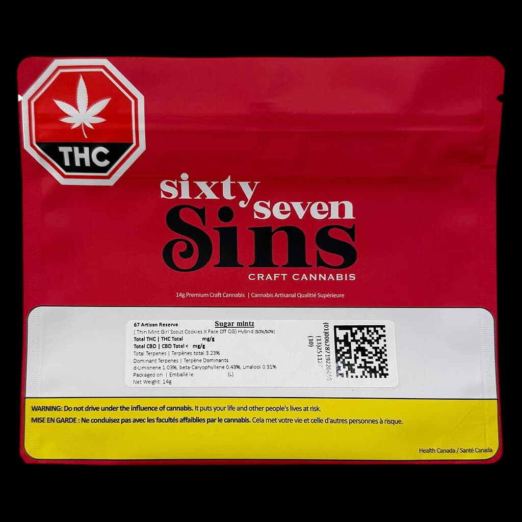 Sixty Seven Sins 67 Artisan Reserve Sugar Mintz 14g cannabis dried flower package with red packaging, THC warning symbol, and Health Canada warning label