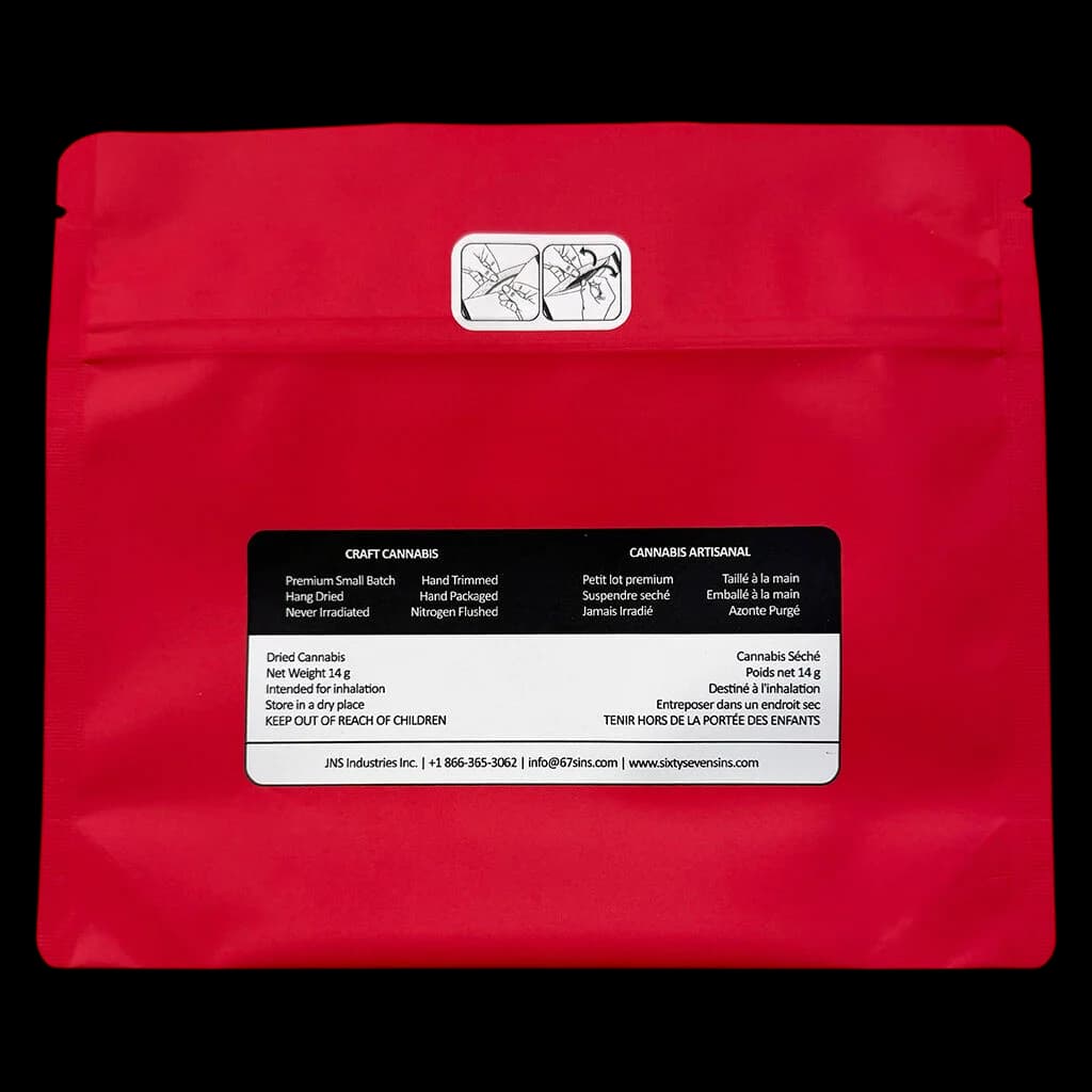 Sixty Seven Sins Craft Cannabis red pouch, 14g dried flower, rear view showing bilingual product information and handling instructions