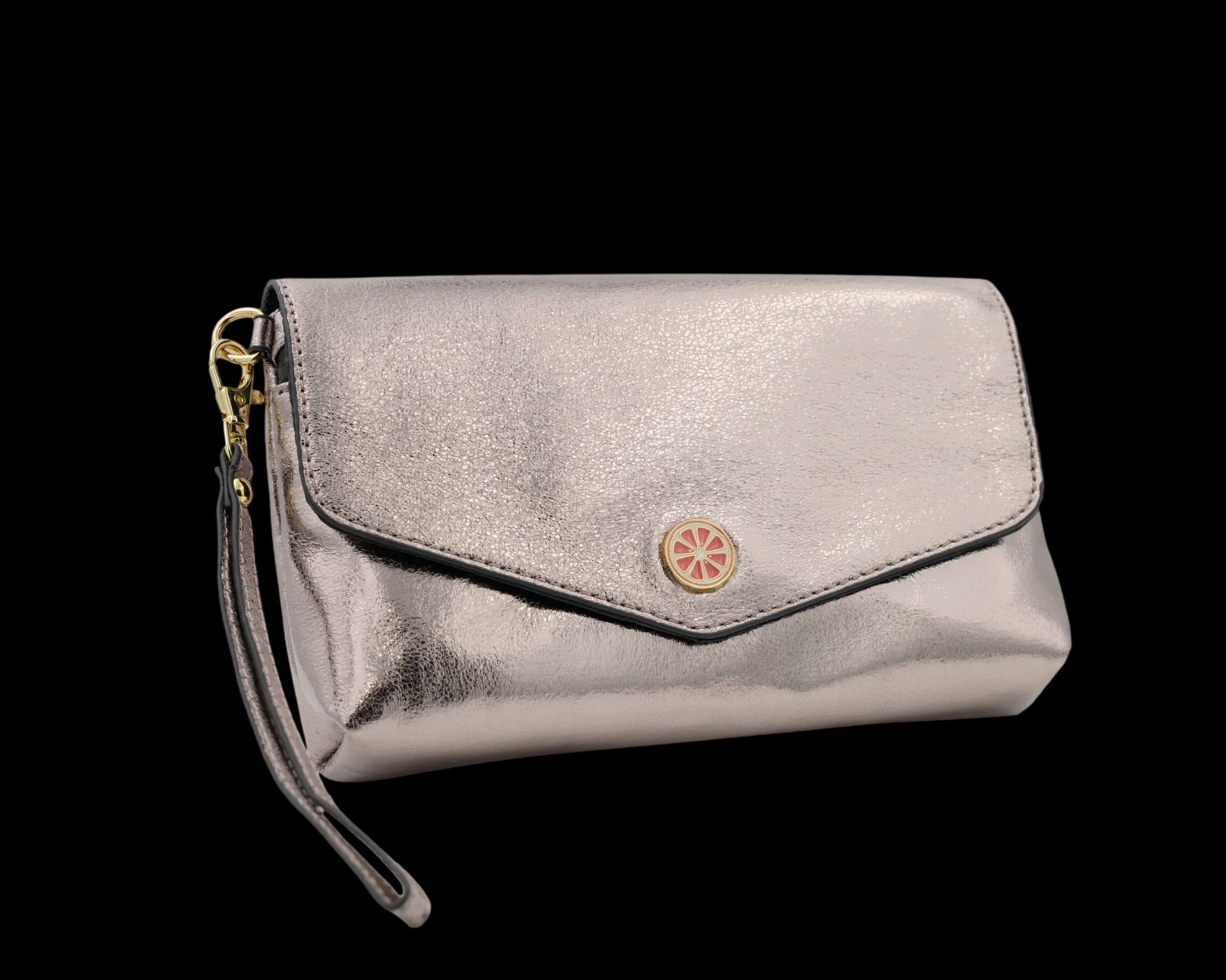 Pamplemooz Metallic Pewter Crinkle small smell-proof bag with wrist strap and pink citrus emblem
