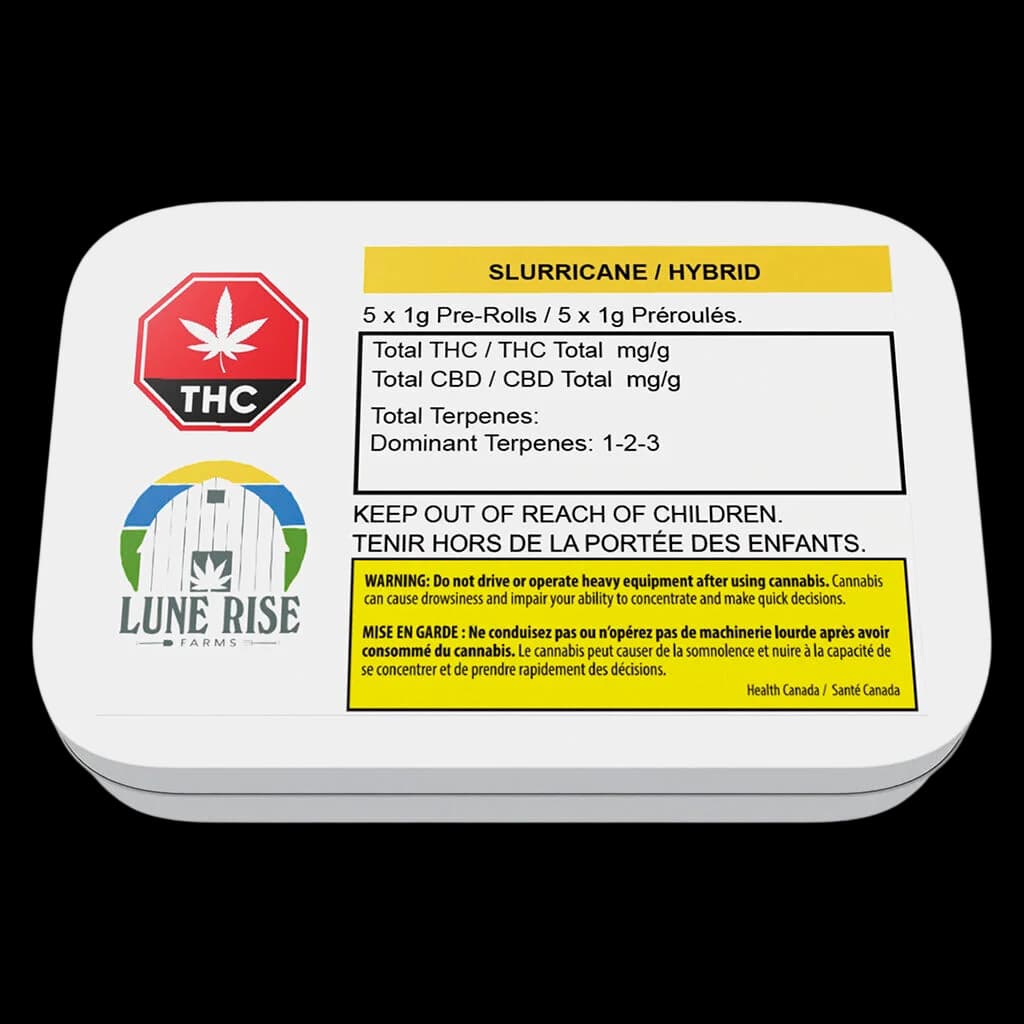 Lune Rise Farms Slurricane hybrid 5 x 1g pre-rolls tin with THC warning symbol and Health Canada safety label