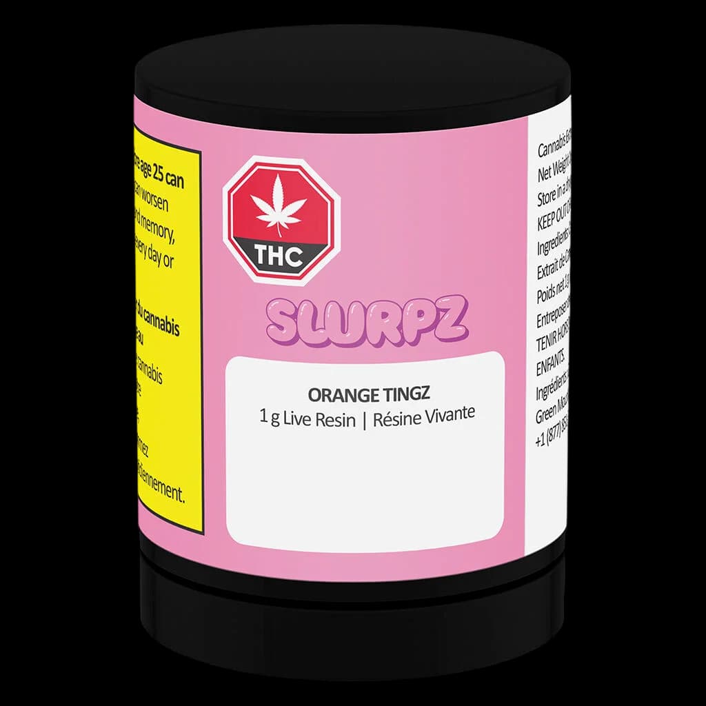 Slurpz Orange Tingz 1g live resin cannabis concentrate jar with pink label and THC symbol