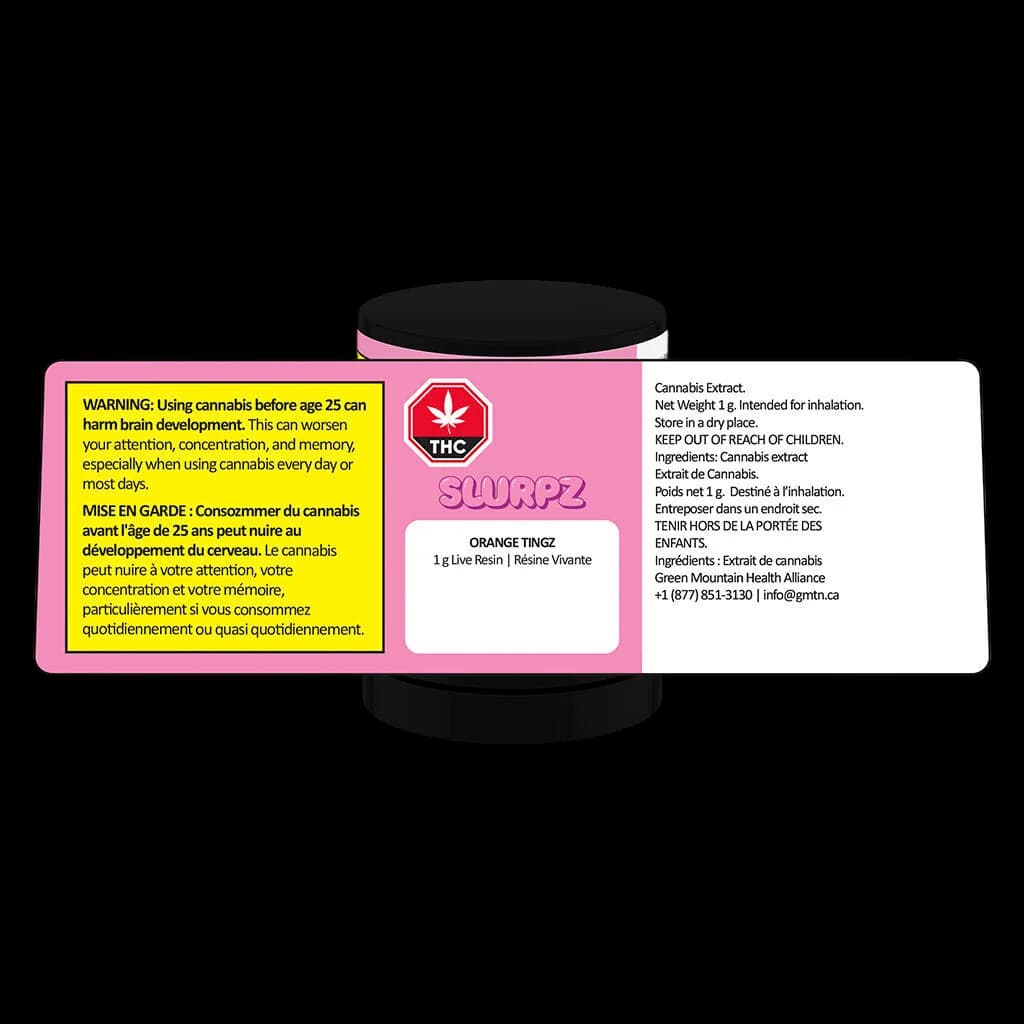 Slurpz Orange Tingz 1g live resin cannabis extract container with pink packaging and Health Canada warning label