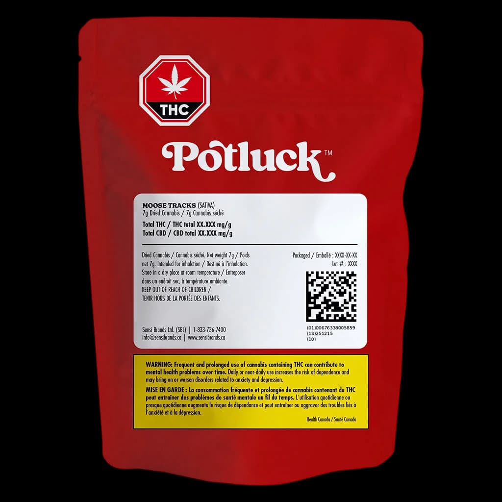 Potluck Moose Tracks 7g dried cannabis flower pouch, red packaging with THC symbol and Health Canada warning label