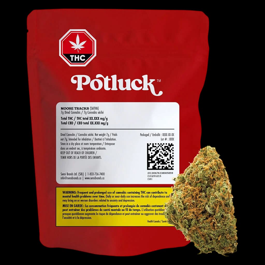 Potluck Moose Tracks 7g dried cannabis flower in red pouch with THC warning symbol, displayed beside product package