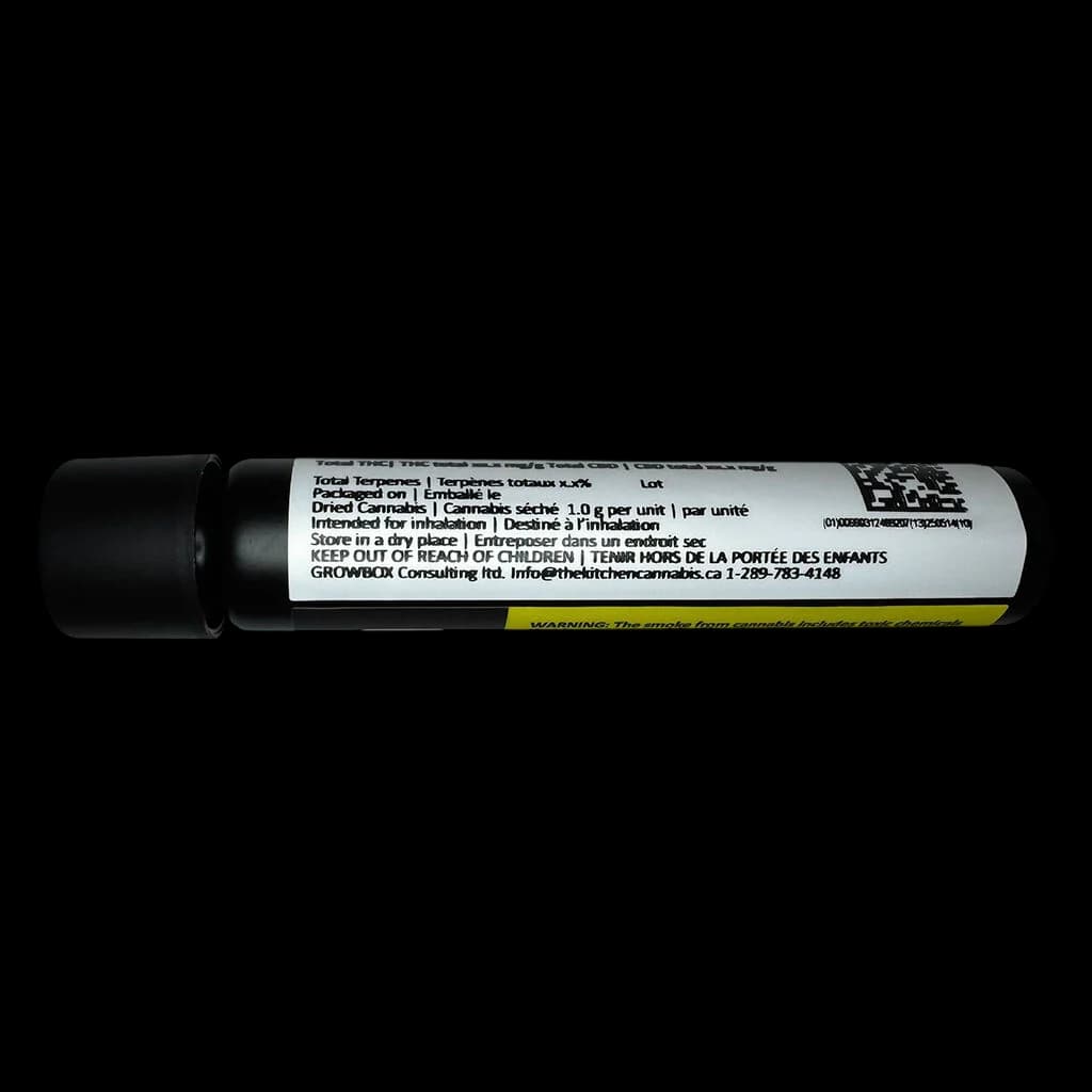 Kadillac Rainbow Blunt pre-roll by The Kitchen, 1.0g dried cannabis in black tube packaging with white label and yellow health warning band