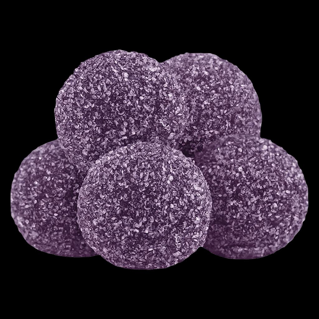 Five purple Blackberry Lemonade soft chews with crystallized sugar coating, 1:1:1 CBN/CBD/THC cannabis edibles by Pearls by Grön