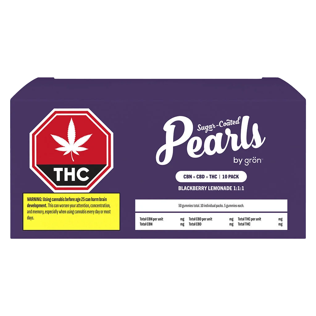 Grön Sugar-Coated Pearls Blackberry Lemonade 1:1:1 CBN+CBD+THC 10-pack soft chews, 50 gummies total