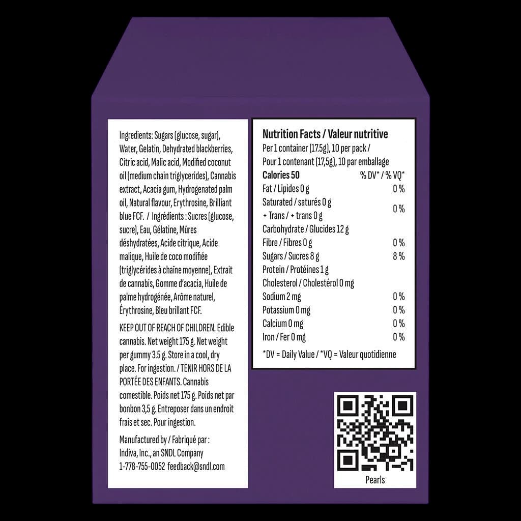 Pearls by Grön Blackberry Lemonade 1:1:1 CBN/CBD/THC edible gummies package rear label showing ingredients, nutrition facts, and QR code