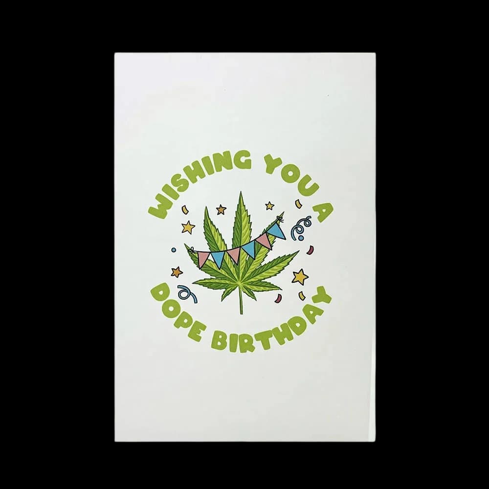 Wishing You a Dope Birthday greeting card with illustrated cannabis leaf and party banners