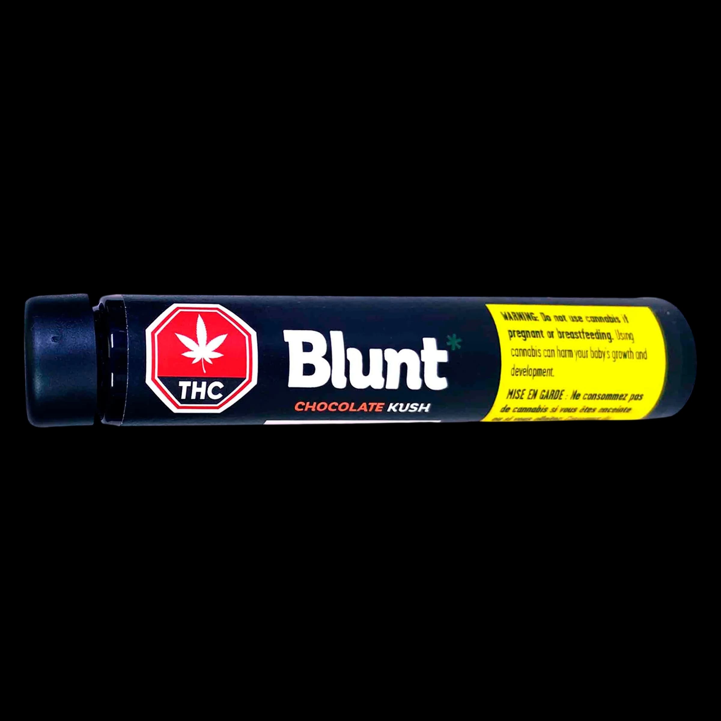 Blunt Chocolate Kush pre-roll tube with red THC warning symbol and yellow Health Canada warning label