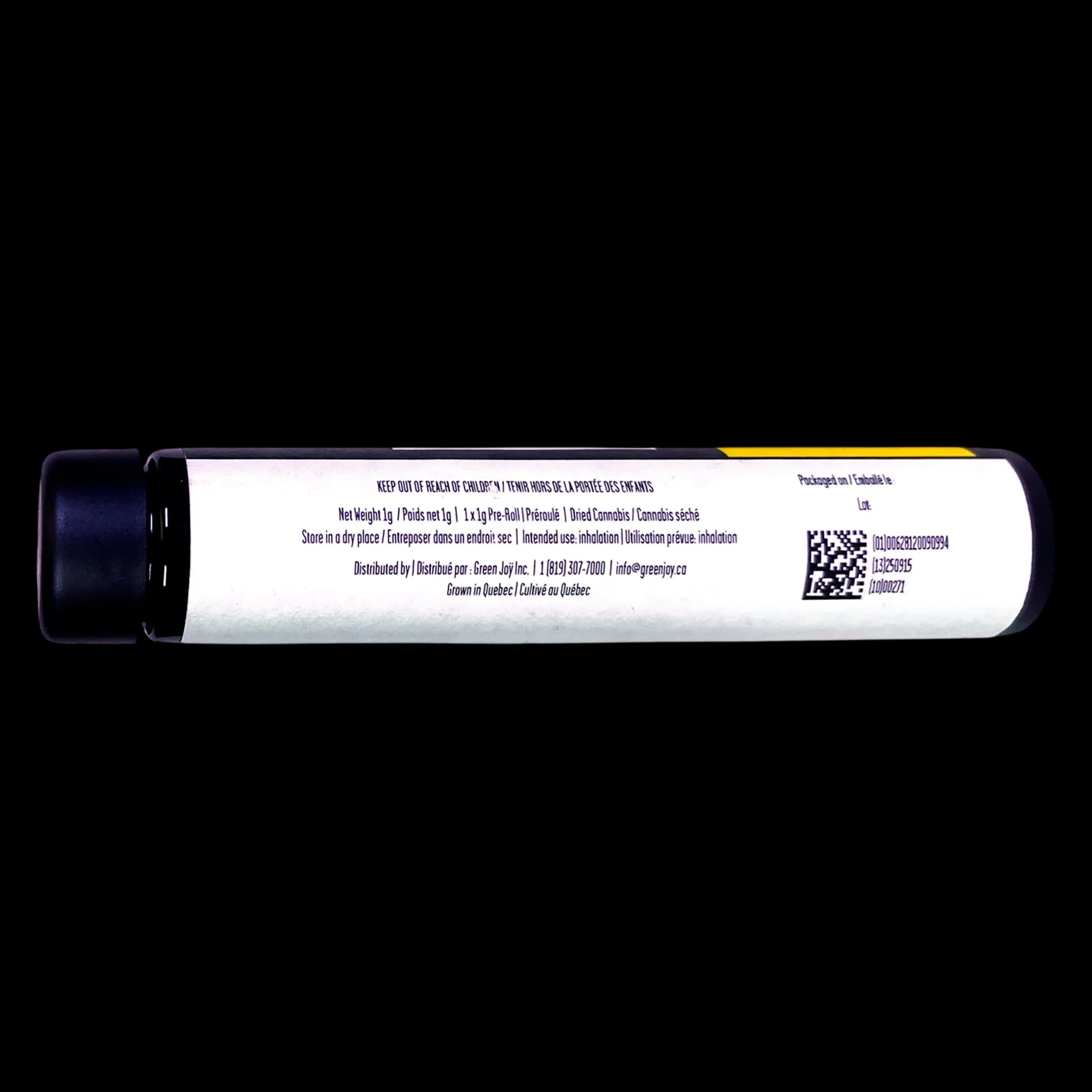 Blunt Chocolate Kush 1g pre-roll tube with black cap, rear label showing net weight, storage instructions, and QR code