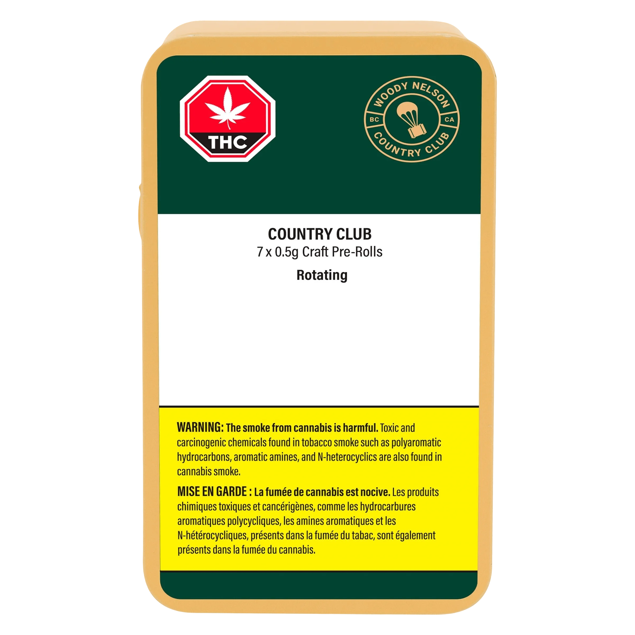 Woody Nelson Country Club 7 x 0.5g craft pre-rolls pack with rotating strain, featuring THC warning symbol and bilingual Health Canada warning label on green and white packaging