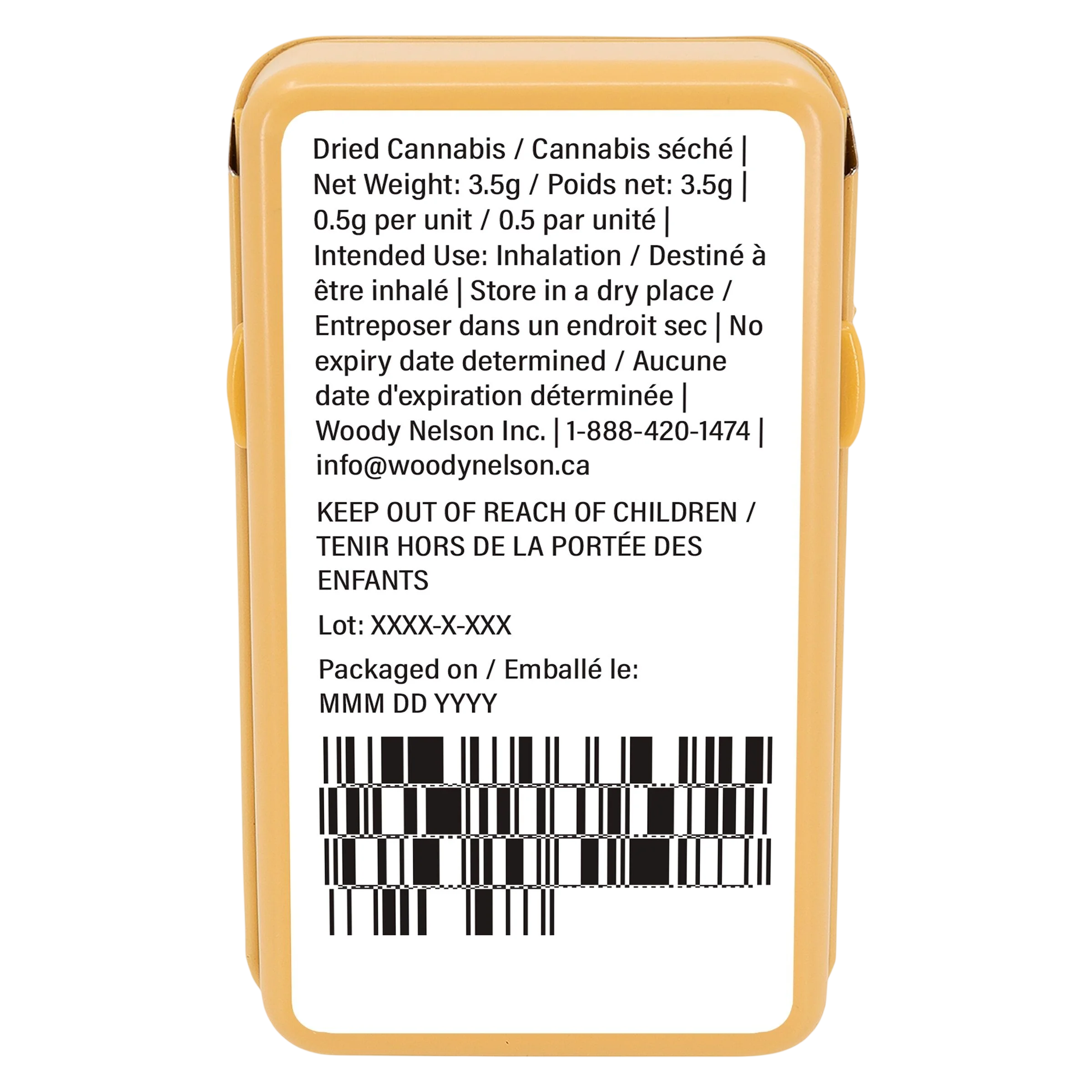 Woody Nelson Country Club pre-roll package rear label showing 3.5g net weight, inhalation use, storage instructions, and barcode