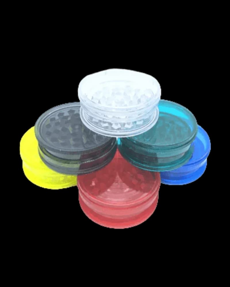Ensemble de broyeurs acryliques 2 pièces Marley avec cinq broyeurs de couleurs variées : transparent, noir, sarcelle, rouge, jaune et bleu