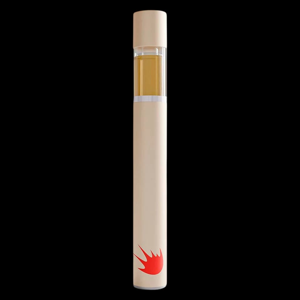 SLAPS Exotic Rosin Stick cannabis vape pen with beige tube, visible golden oil chamber, and red flame logo