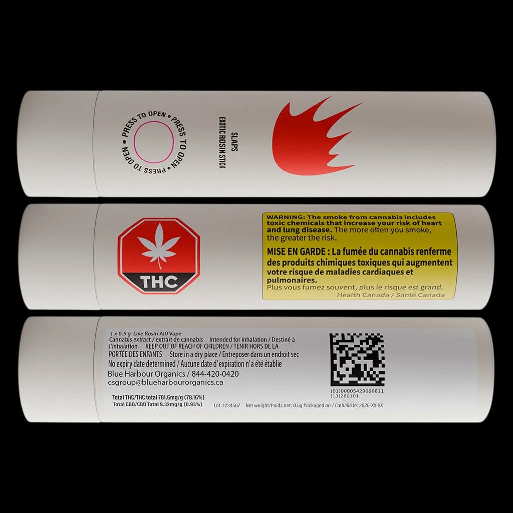 SLAPS Live Rosin AIO 0.5g cannabis vape cartridge with red flame logo and THC warning symbol on packaging