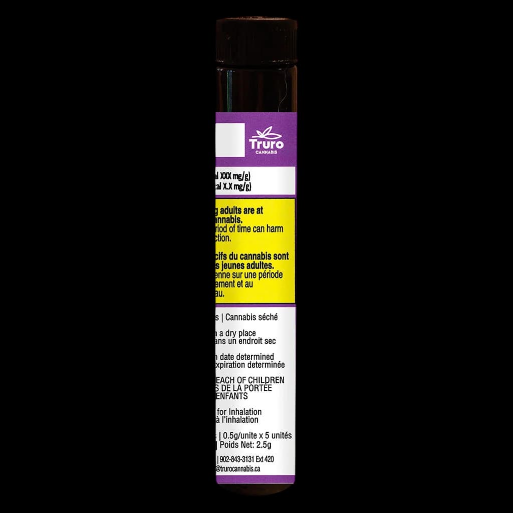 Truro cannabis pre-roll 5-pack inhalation product with purple and white packaging, yellow health warning label, 2.5g net weight
