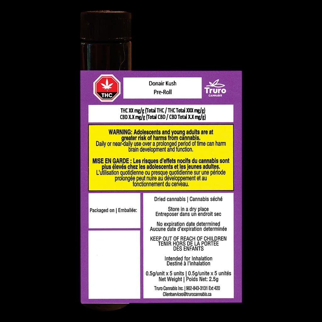 Truro Donair Kush pre-roll pack with purple label showing THC content, Health Canada warnings, and 5-unit specification