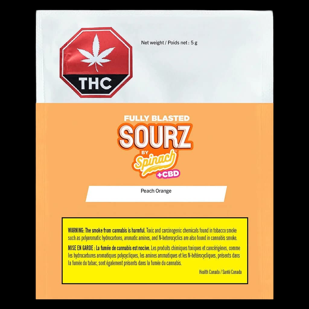 Fully Blasted Sourz by Spinach Peach Orange gummy package, 5g, 1:1 THC+CBD cannabis edible