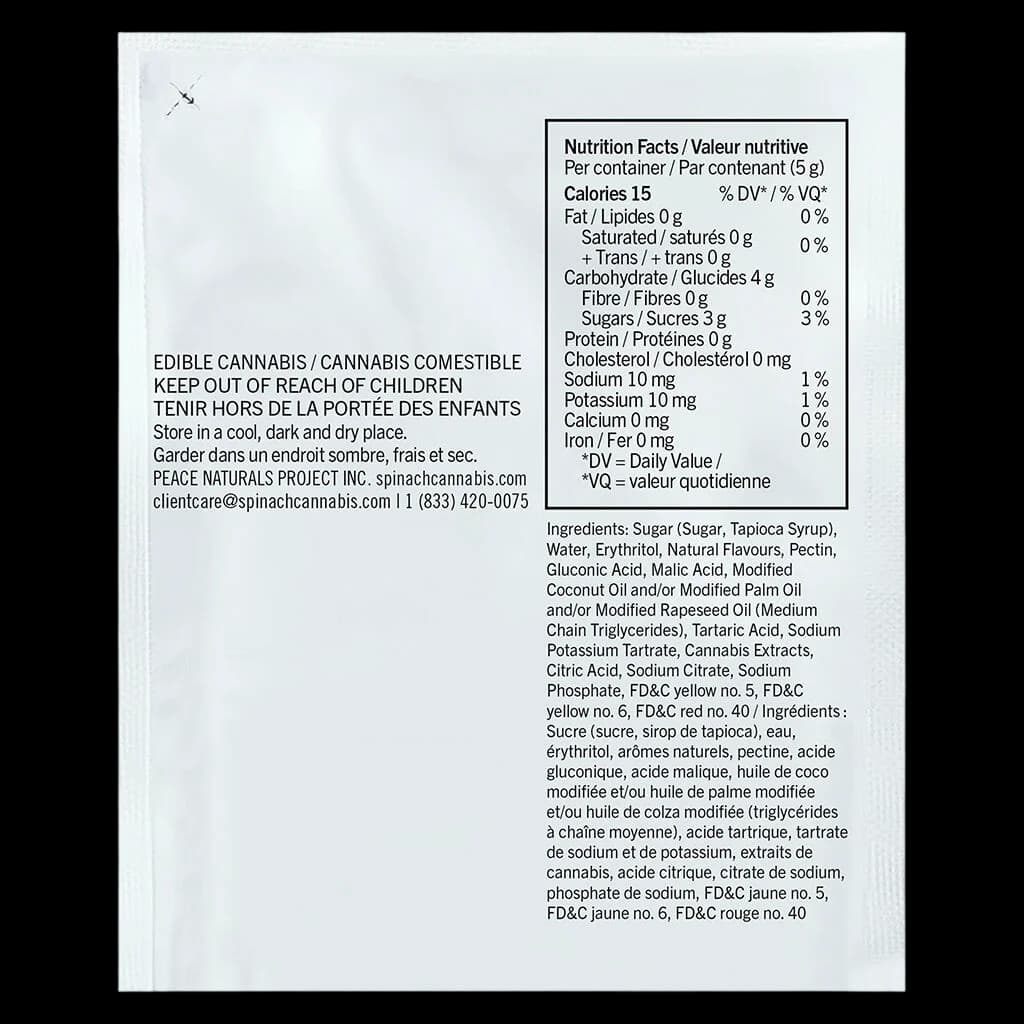 SOURZ by Spinach Peach Orange 1:1 THC CBD gummy back label showing nutrition facts, ingredients, and storage instructions