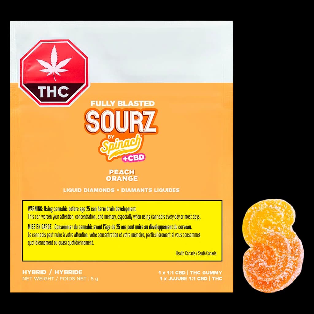 Fully Blasted Sourz by Spinach peach orange liquid diamonds gummy, 5g net weight, 1:1 THC CBD ratio with product shown