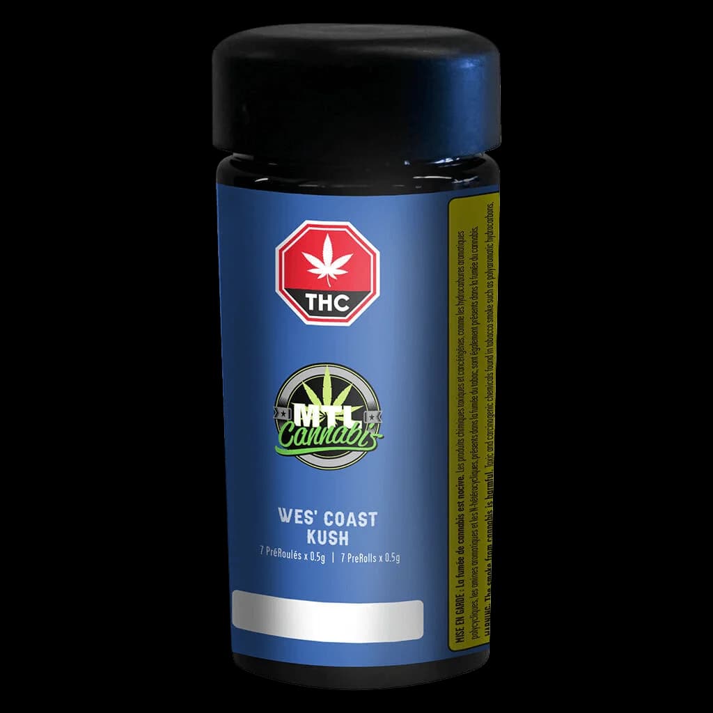 MTL Cannabis Wes' Coast Kush pre-roll pack, 7 pre-rolls x 0.5g, blue packaging with THC warning symbol