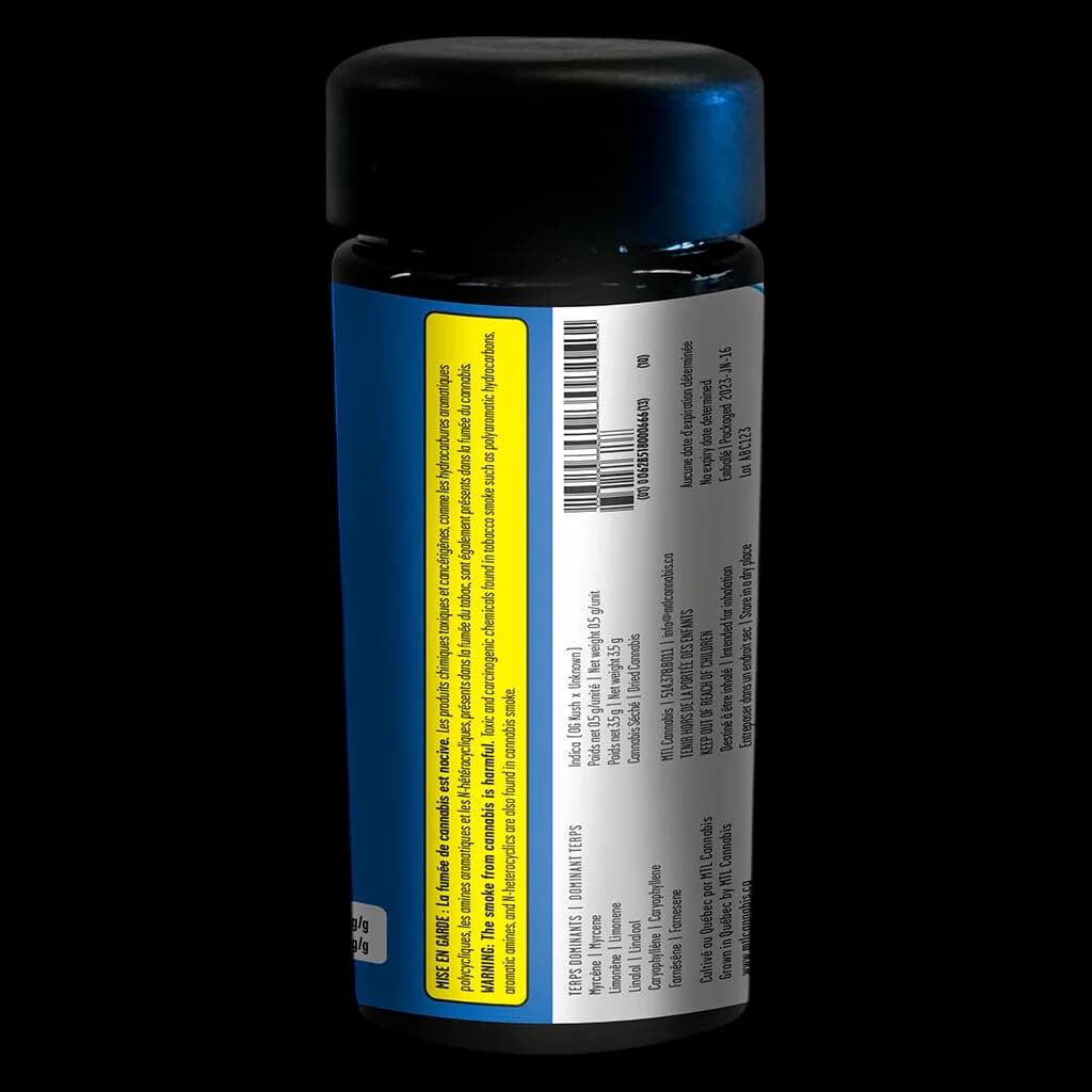 Wes' Coast Kush pre-roll cannabis package with blue and yellow label, black cap, and regulatory information visible