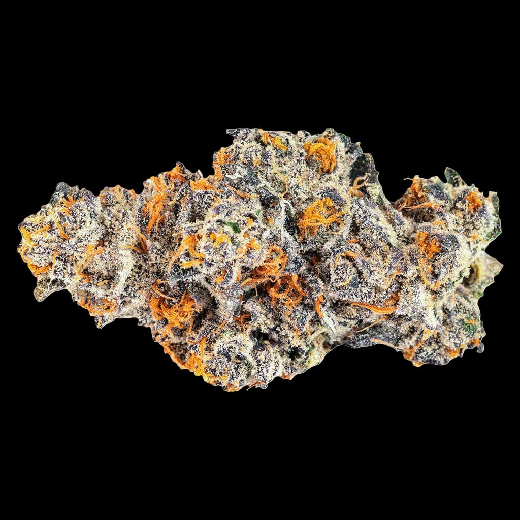 BLK MKT Pink Kitty cannabis dried flower with white trichomes and orange pistils on white background