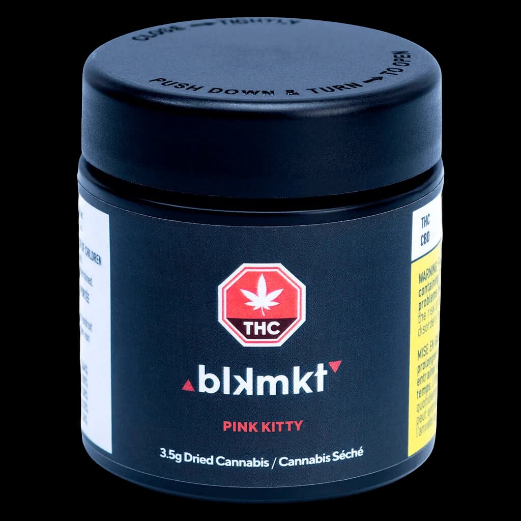 Blkmkt Pink Kitty 3.5g dried cannabis flower in dark blue jar with child-resistant cap