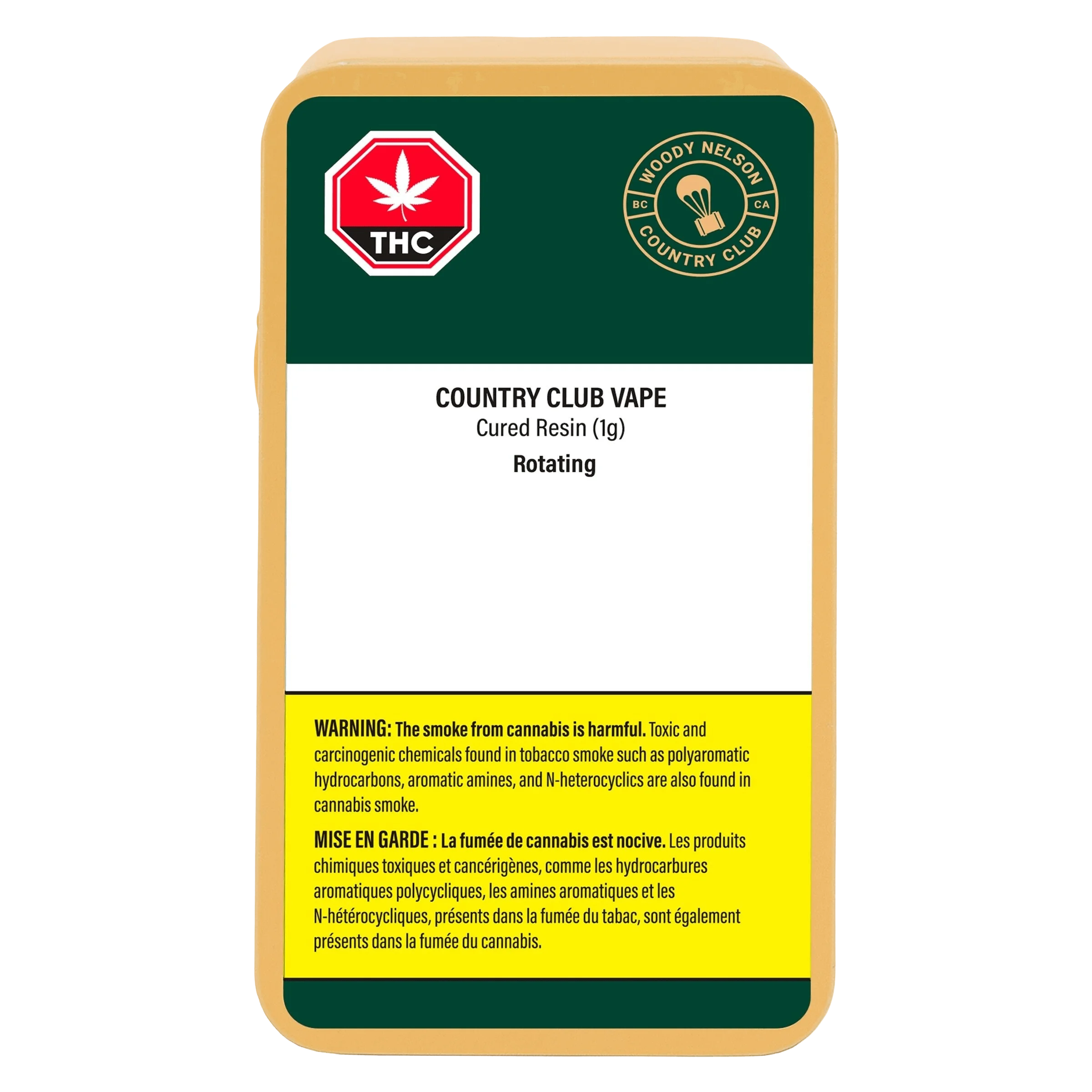 Woody Nelson Country Club Vape cured resin 1g rotating cartridge packaging with THC warning symbol and Health Canada bilingual warning label
