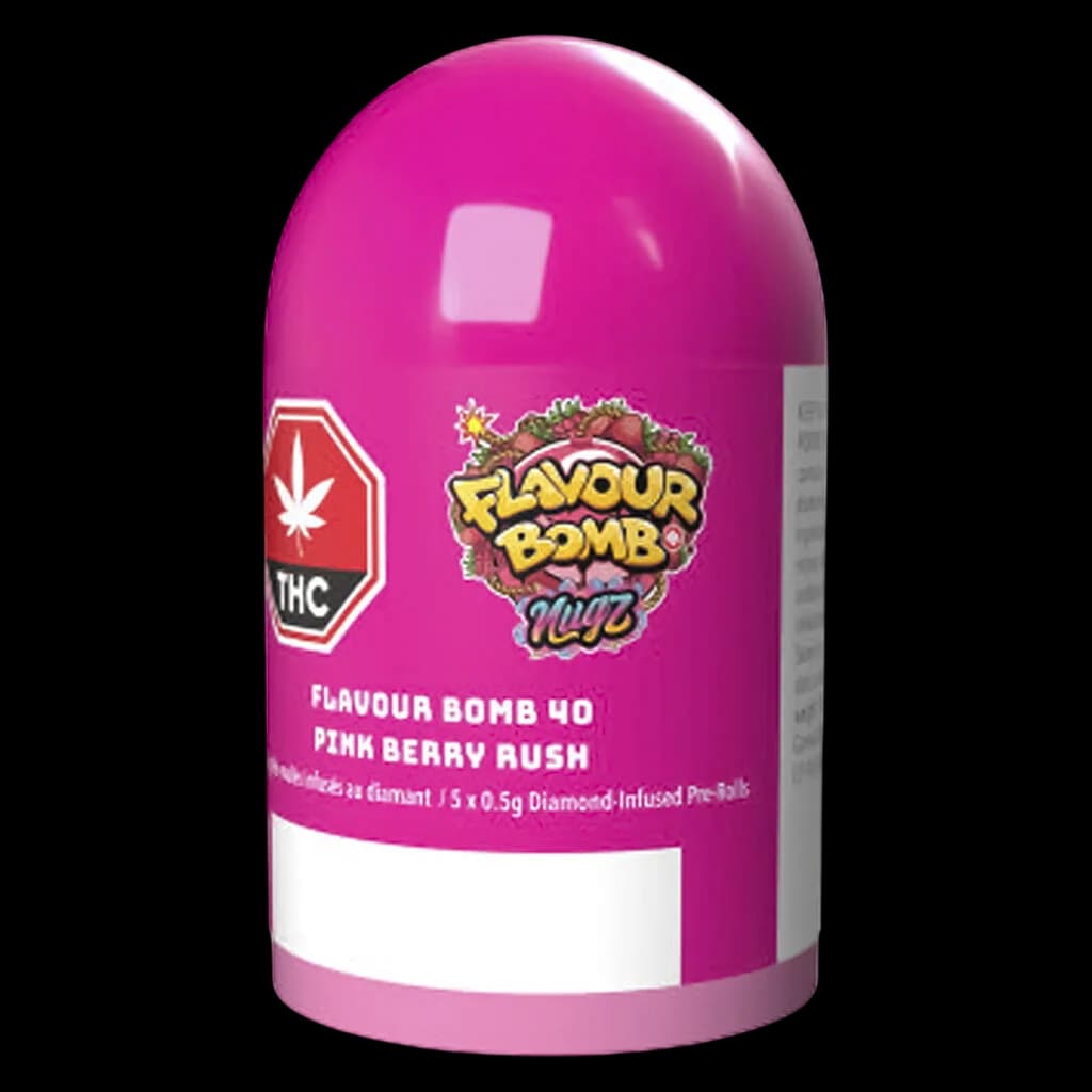 Flavour Bomb 40 Pink Berry Rush Diamond-Infused Pre-Roll pack, 5 x 0.5g, bright magenta packaging with THC symbol