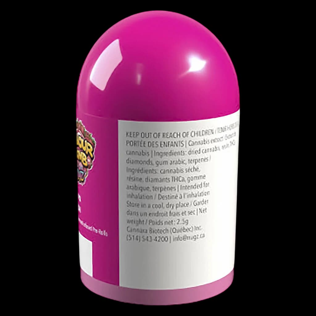 Nugz Flavour Bomb 40 Pink Berry Rush diamond infused pre-roll, 2.5g, in bright magenta packaging with regulatory label visible