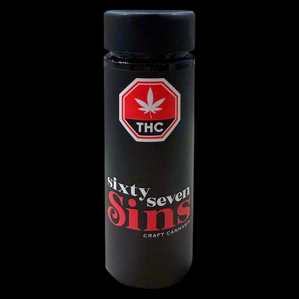 Sixty Seven Sins infused pre-roll jar with red THC symbol and black cylindrical packaging