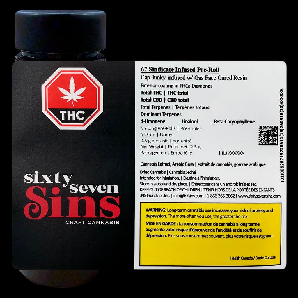Sixty Seven Sins 67 Sindicate Infused Pre-Roll 5-pack with Cap Junky resin and THC Diamonds coating, 2.5g total