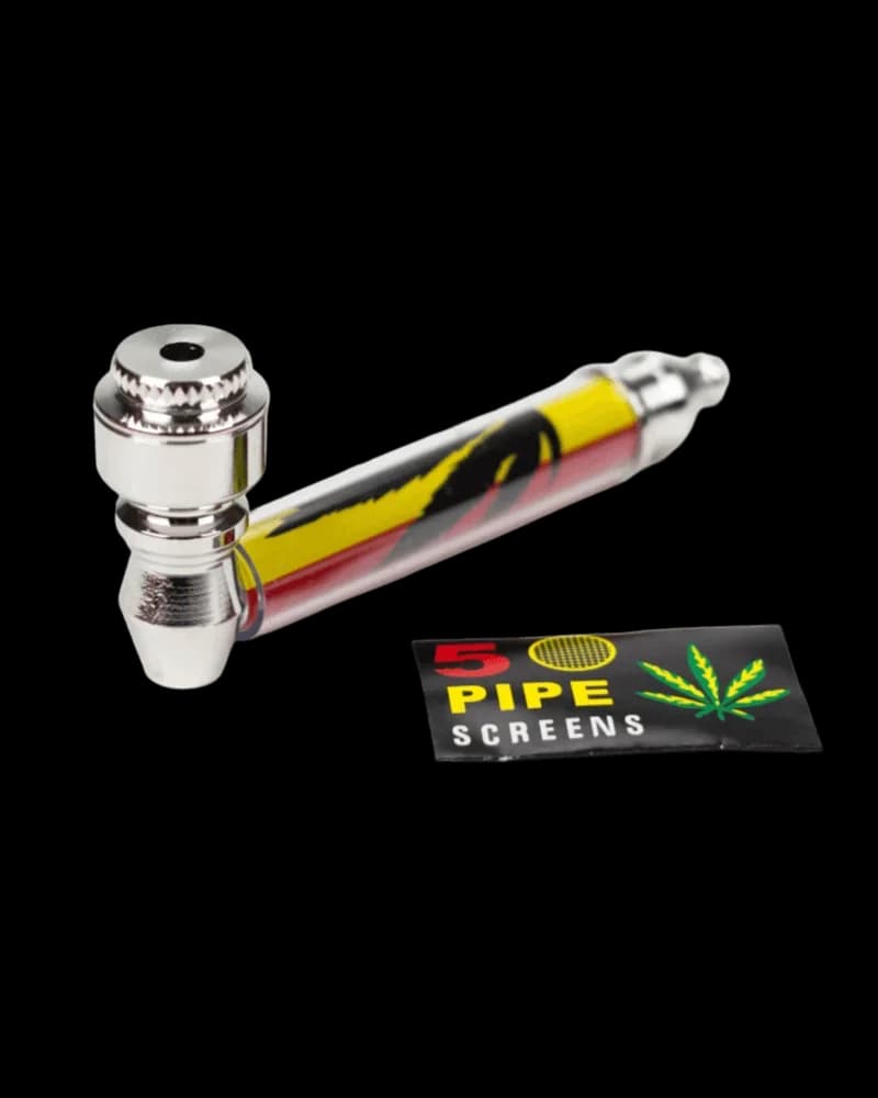 Glass and metal pipe with yellow and black design, 3.5 inches, displayed with pipe screen accessory