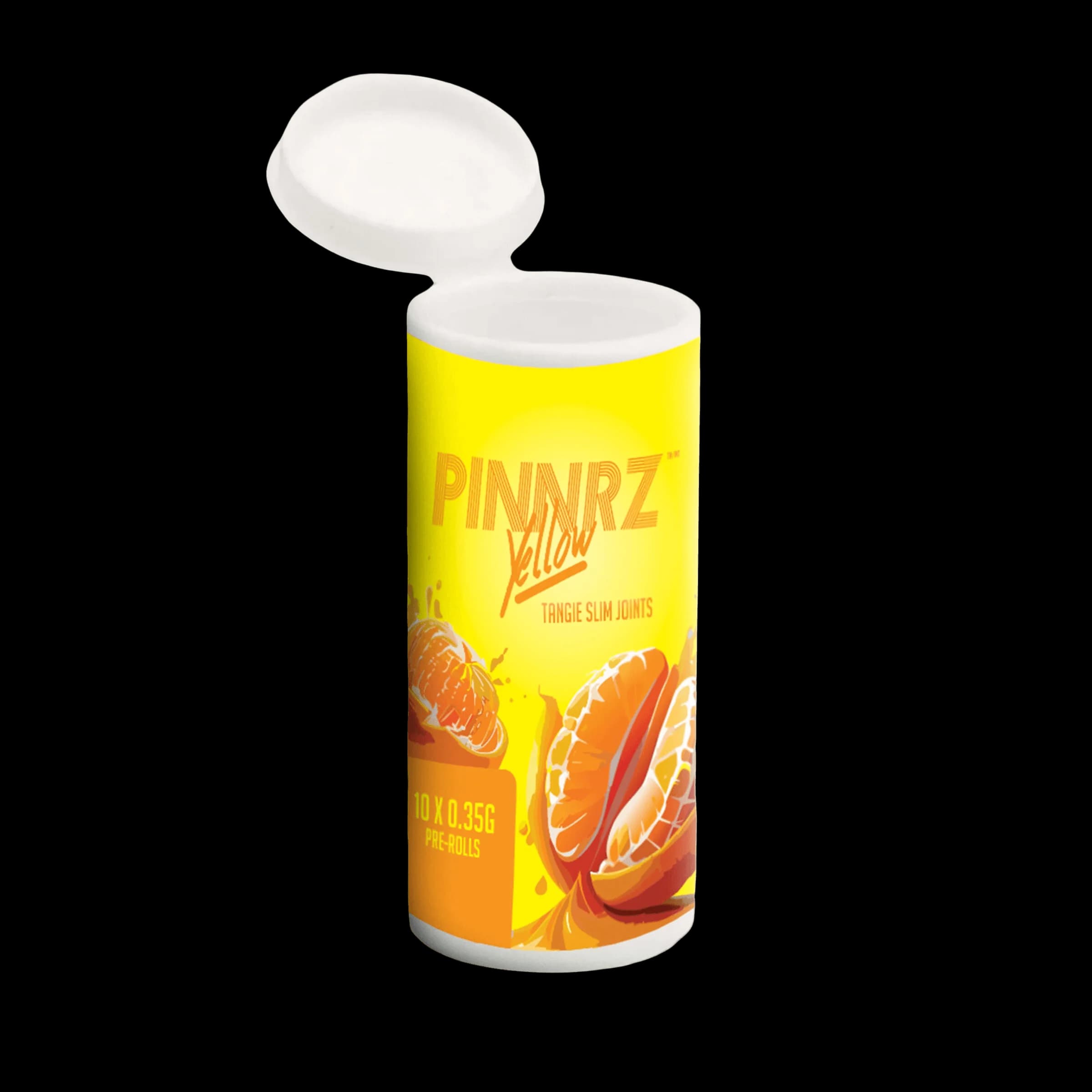 Joints minces PINNRZ Yellow Tangie en paquet de 10, pré-roulés de 0,35 g dans un emballage tubulaire jaune avec motifs d'agrumes
