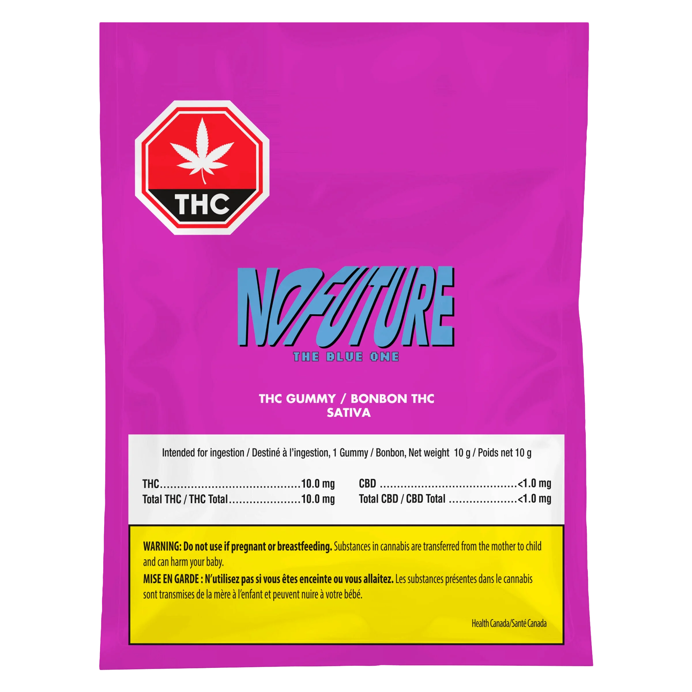 No Future The Blue One Sativa THC gummy package, 10mg THC per gummy, magenta packaging with teal branding and Health Canada warning labels