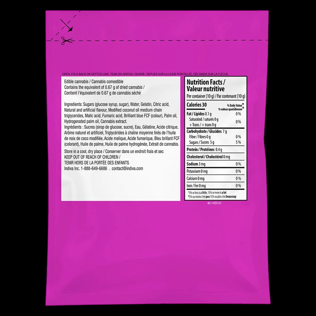 No Future The Blue One Sativa THC gummy package rear with nutrition facts, ingredients, and cannabis content of 0.67g per 10g container
