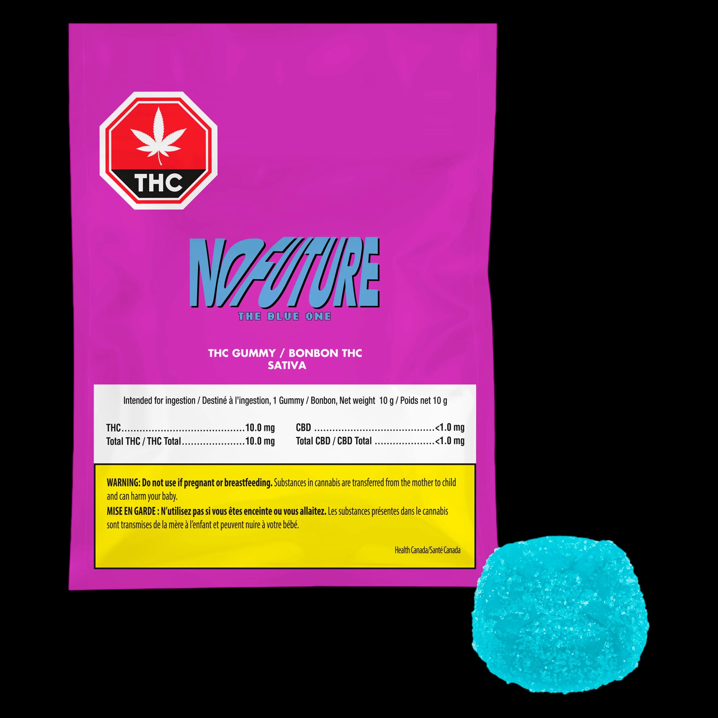 No Future The Blue One sativa THC gummy, 10mg THC, with turquoise sugar-coated candy visible beside magenta packaging