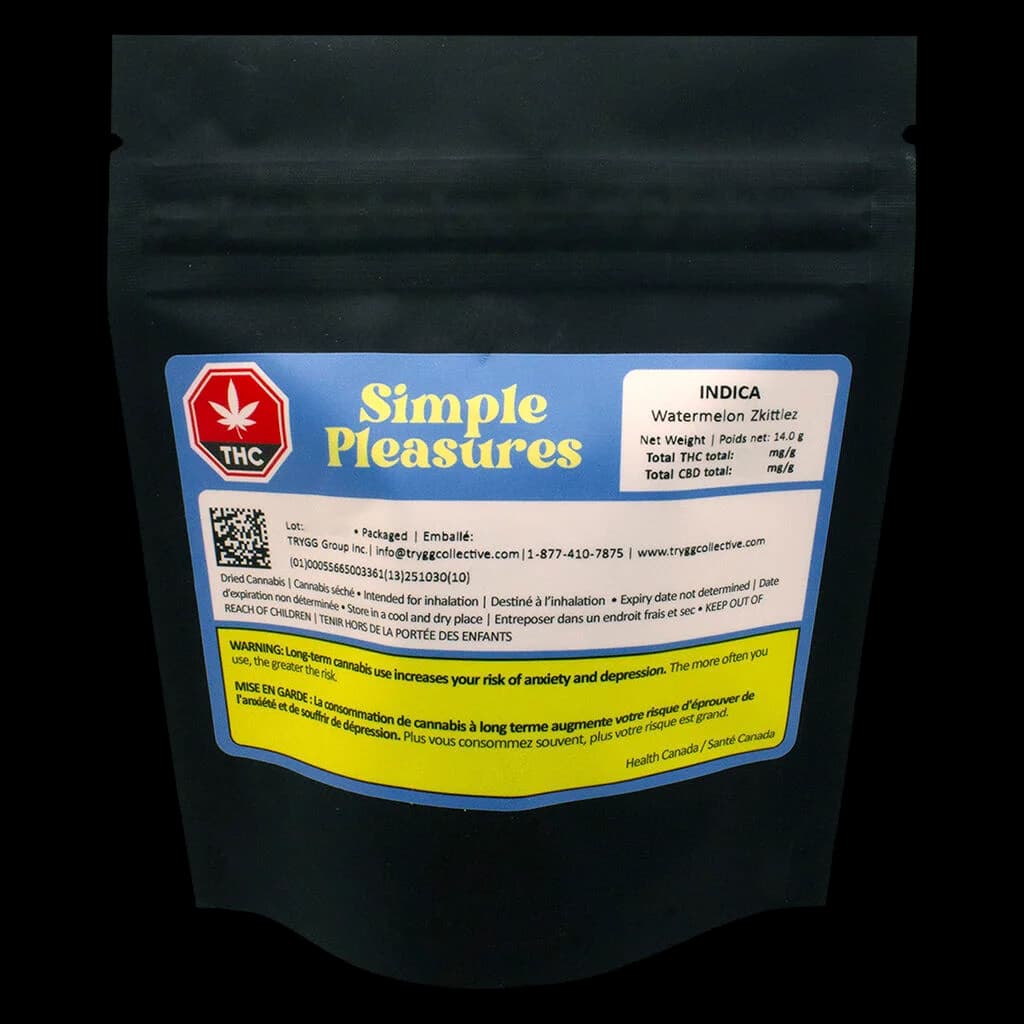 Simple Pleasures Watermelon Zkittlez Indica 14.0g dried cannabis flower pouch with blue and yellow label